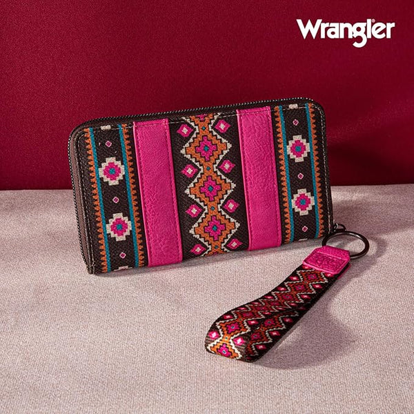 WRANGLER ALLOVER AZTEC DUAL SIDED PRINT CANVAS WALLET-Hot Pink