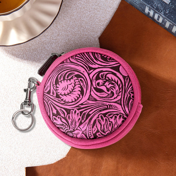 Wrangler Floral Tooled Circular Coin Pouch Bag Charm - Hot Pink