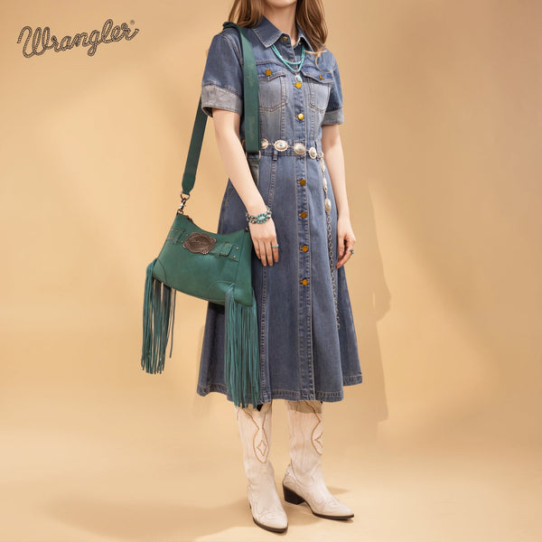 Wrangler Fringe Buckle Hobo Bag/Crossbody Bag-Turquoise
