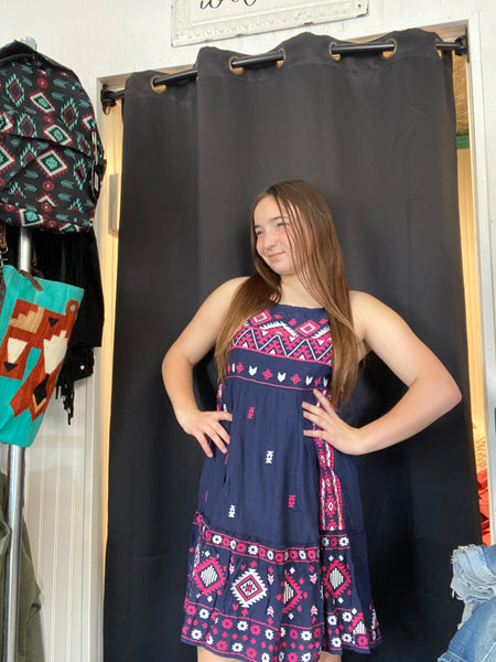 Aztec Embroidery Halter Dress