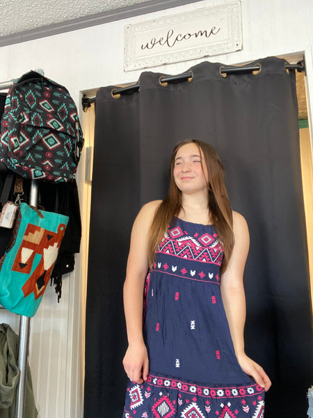 Aztec Embroidery Halter Dress