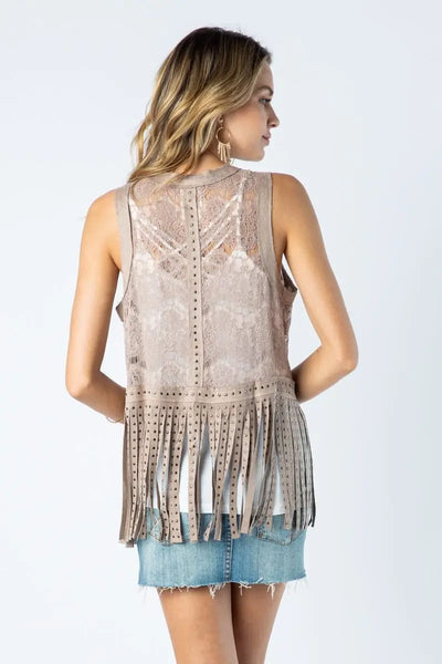 Lace Vest With Studded Fringes