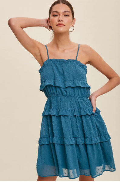 Emerald Swiss Dot Tiered Ruffle Sleeveless Chiffon Dress