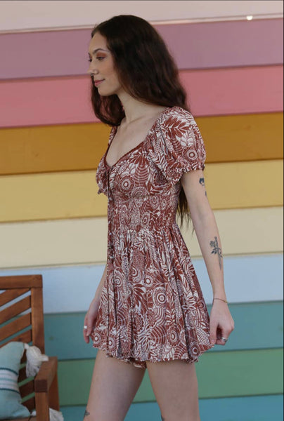 V NECK SMOCKED WAIST SHORT SLEEVE ROMPER