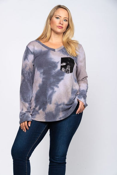 Tie dye with black sequins patch pocket plus size top