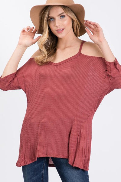 Waffle v neck cold shoulder hi-low top
