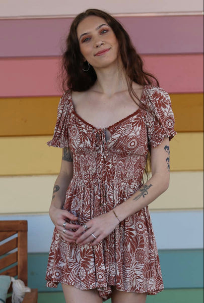 V NECK SMOCKED WAIST SHORT SLEEVE ROMPER