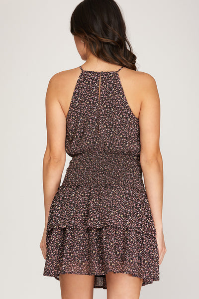 TIERED WOVEN PRINT CAMI DRESS WITH SMOCKED WAISTBAND