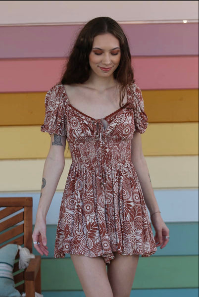 V NECK SMOCKED WAIST SHORT SLEEVE ROMPER