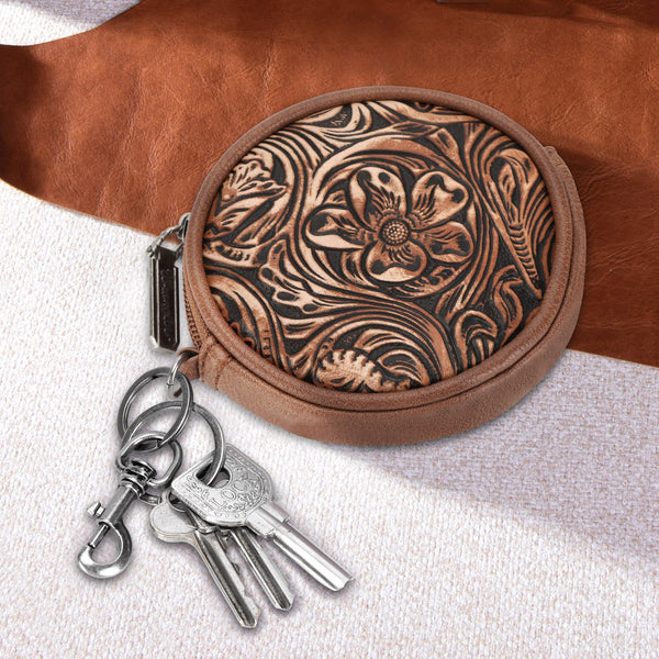 Wrangler Floral Tooled Circular Coin Pouch Bag Charm - Brown