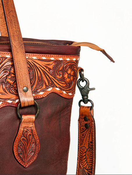 American Darling Tooled Tote Genuine Western Leather Women Bag-Brown