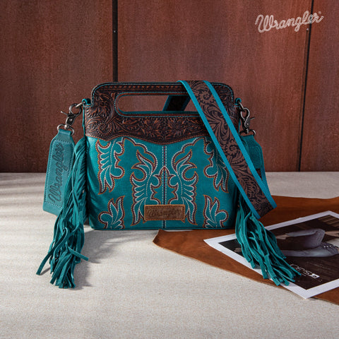 Wrangler Top Handle Embroidered Fringe Mini Tote/Crossbody -Turquoise