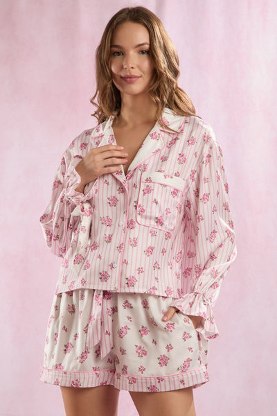 Stripe & Floral Prints Satin Pajamas Set