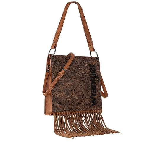 Wrangler Floral Embossed Fringe Concealed Carry Hobo/Crossbody - Brown