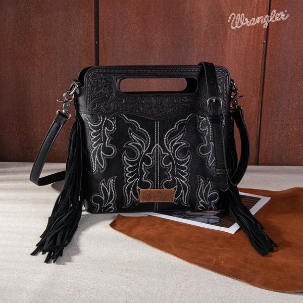 Wrangler Top Handle Embroidered Fringe Tote/Crossbody - Black