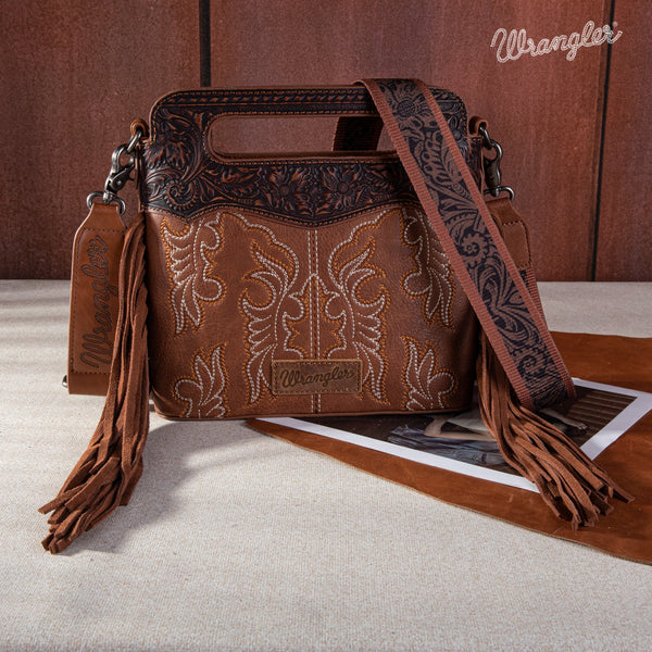 Wrangler Top Handle Embroidered Fringe Tote/Crossbody - Brown