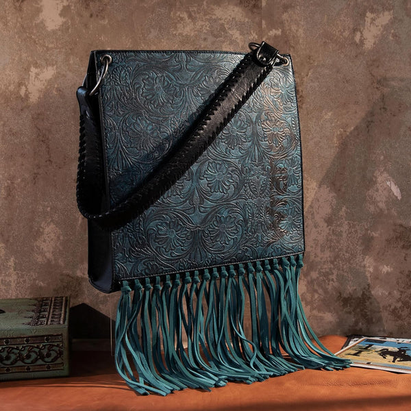 Wrangler Floral Embossed Fringe Concealed Carry Hobo/Crossbody - Turquoise