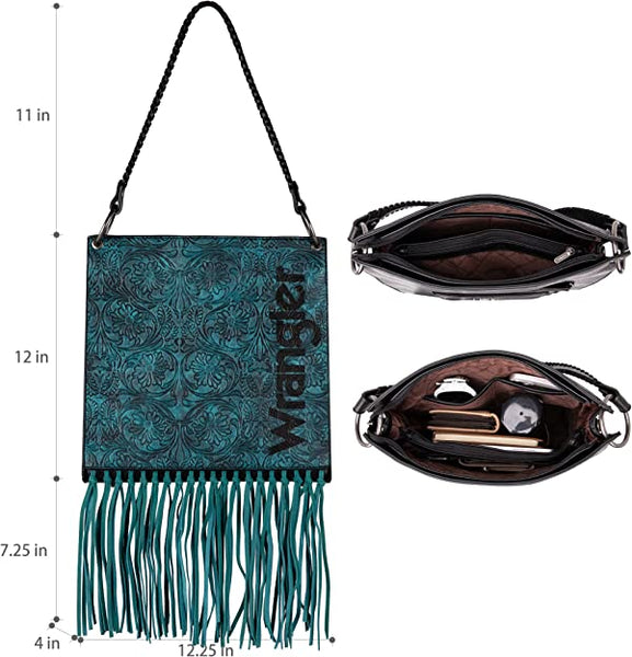 Wrangler Floral Embossed Fringe Concealed Carry Hobo/Crossbody - Turquoise