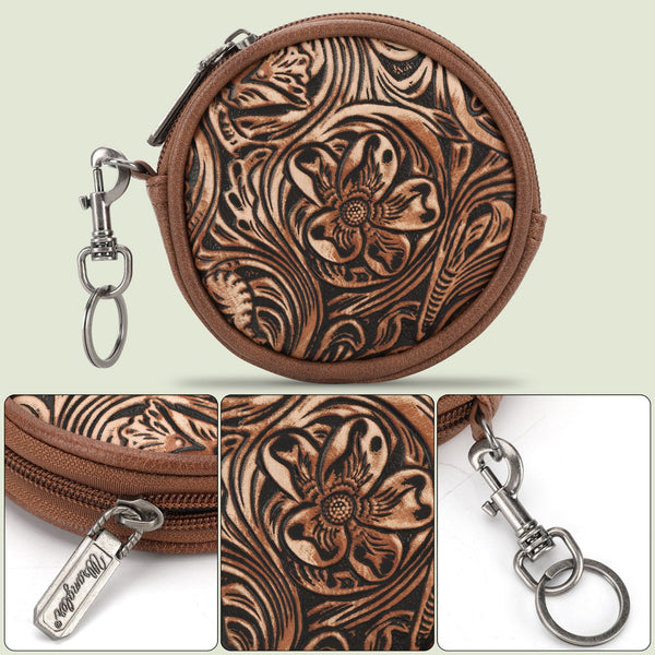 Wrangler Floral Tooled Circular Coin Pouch Bag Charm - Brown