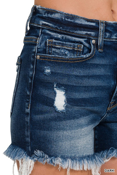 Zenana Raw Frayed Hem Ripped Denim Shorts
