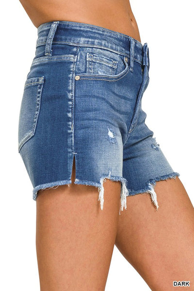 Zenana Raw Hem Cutoff Side Slit Denim Shorts