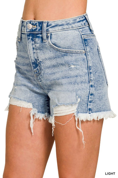 Zenana Distressed Hem Denim Shorts