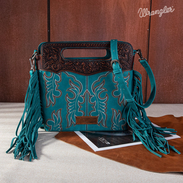 Wrangler Top Handle Embroidered Fringe Tote/Crossbody - Turquoise