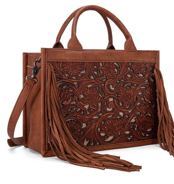 Trinity Ranch Floral Tooled Fringe Concealed Carry Tote/Crossbody