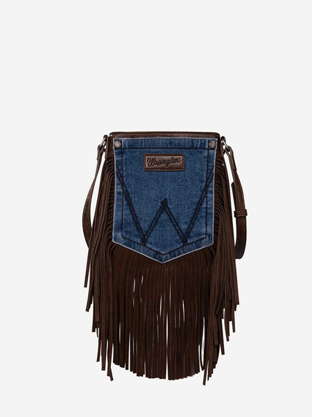 Wrangler Leather Fringe Jean Denim Pocket Crossbody Bag
