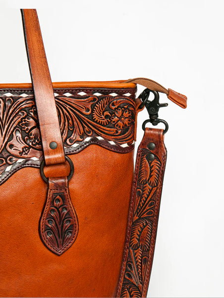 American Darling Tooled Tote Genuine Western Leather Women Bag-Coffee