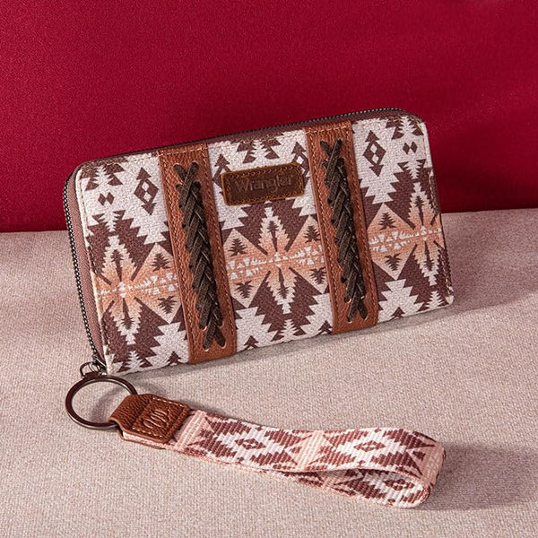 WRANGLER ALLOVER AZTEC DUAL SIDED PRINT CANVAS WALLET-Light Coffee