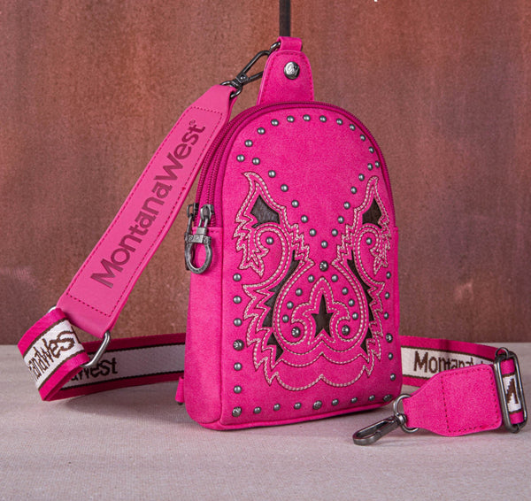 Montana West Embroidered Cut-out Boot Scroll Sling Bag-Hot Pink