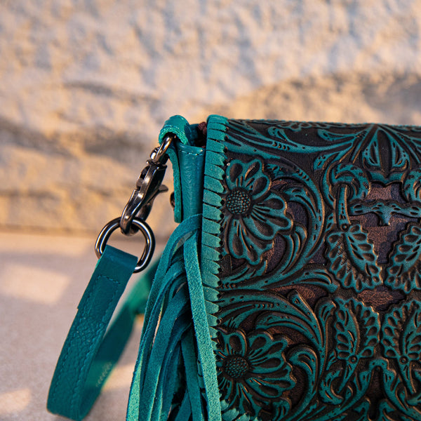 Montana West Genuine Leather Tooled Fringe Crossbody