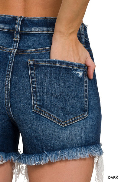 Zenana Raw Frayed Hem Ripped Denim Shorts