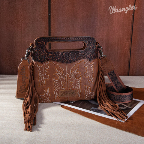 Wrangler Top Handle Embroidered Fringe Tote/Crossbody - Brown