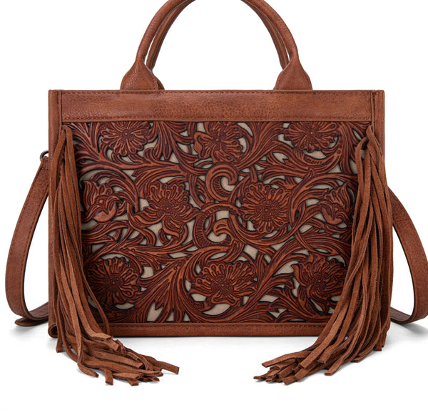 Trinity Ranch Floral Tooled Fringe Concealed Carry Tote/Crossbody