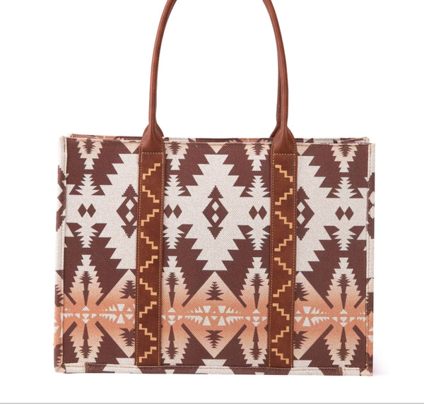 Wrangler Southwestern Pattern Dual Sided Print Canvas Wide Tote Light Coffee