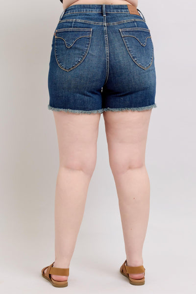 Judy Blue HW Tummy Control Fray Hem & Shield Back Pkts Shorts