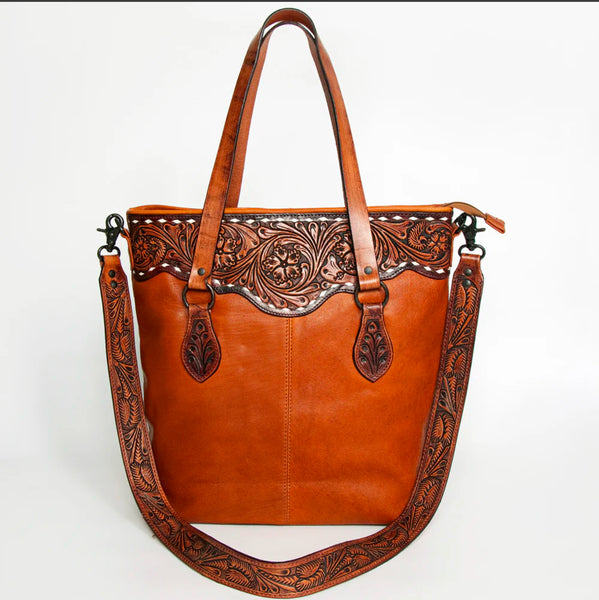 American Darling Tooled Tote Genuine Western Leather Women Bag-Coffee