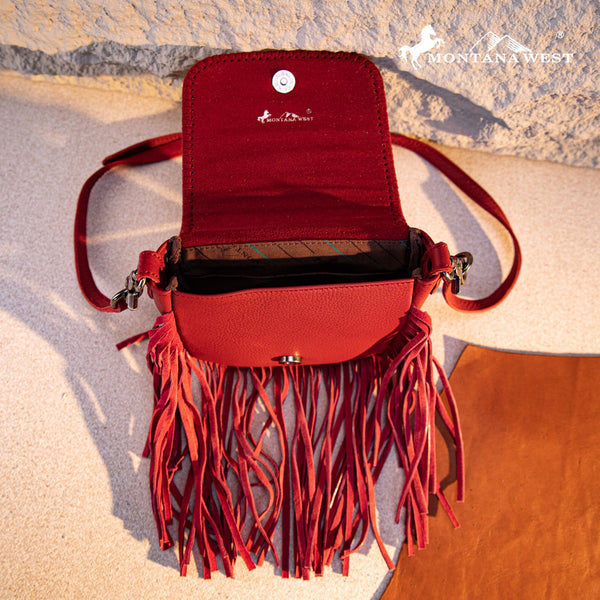 Montana West Genuine Leather Tooled Fringe Crossbody