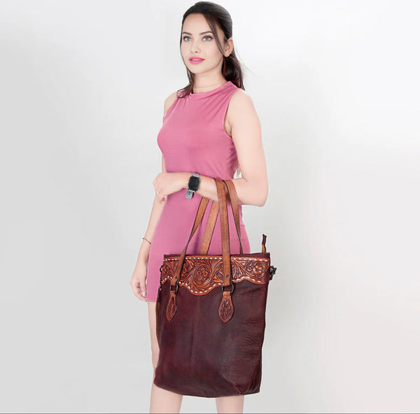 American Darling Tooled Tote Genuine Western Leather Women Bag-Brown