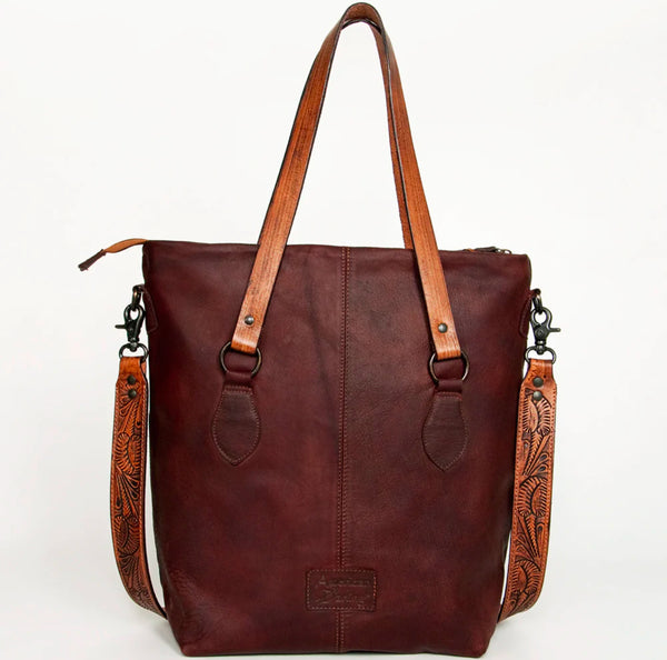 American Darling Tooled Tote Genuine Western Leather Women Bag-Brown