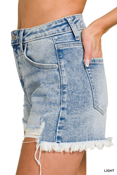 Zenana Distressed Hem Denim Shorts