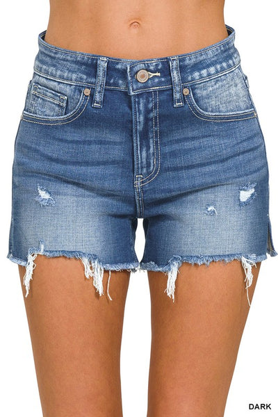 Zenana Raw Hem Cutoff Side Slit Denim Shorts
