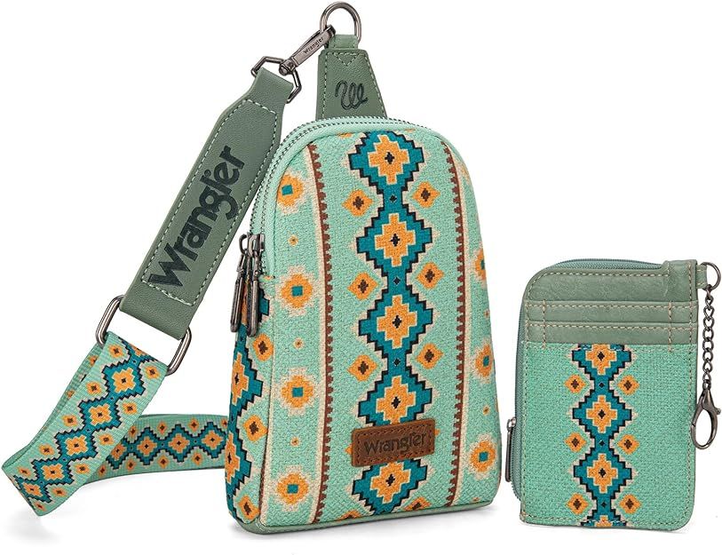 Wrangler Aztec Print Crossbody Sling Chest Bag With Zip Card Holder Set-Light Green