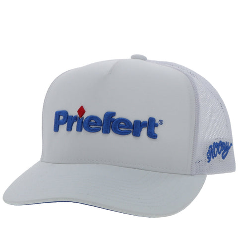 Hooey Priefert White 5-Panel Trucker with Blue Priefert Logo