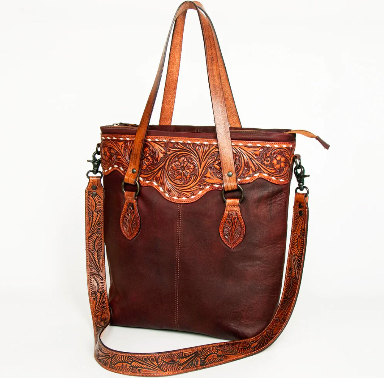 American Darling Tooled Tote Genuine Western Leather Women Bag-Brown