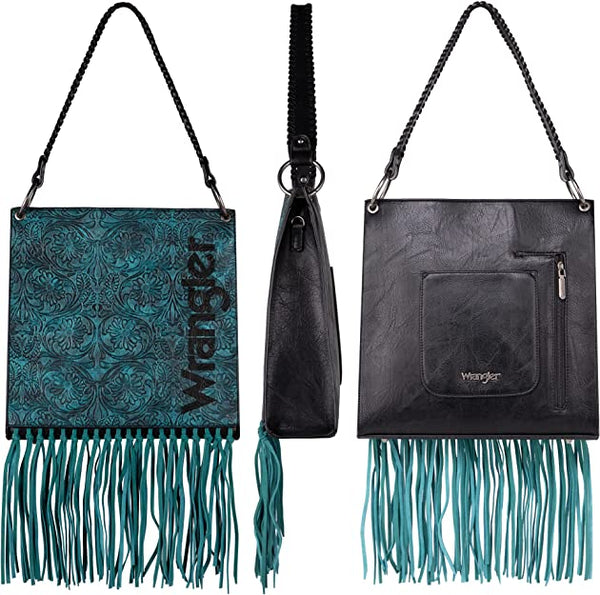 Wrangler Floral Embossed Fringe Concealed Carry Hobo/Crossbody - Turquoise