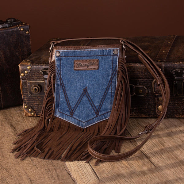Wrangler Leather Fringe Jean Denim Pocket Crossbody Bag