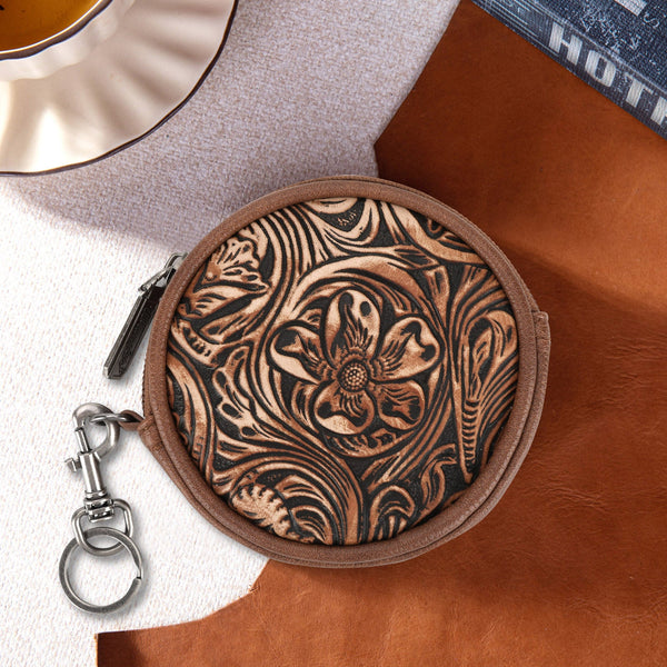 Wrangler Floral Tooled Circular Coin Pouch Bag Charm - Brown